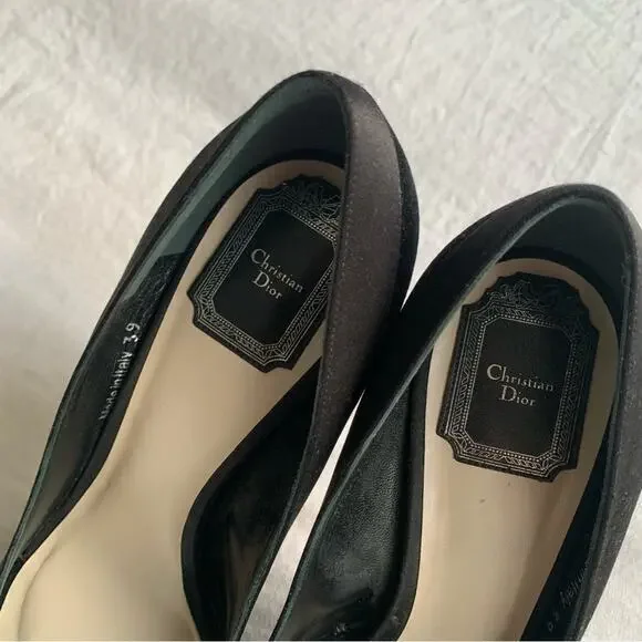 Vintage Christian Dior Logo Mirror Bow Ribbon Velvet Peep Toe Pumps Heels Black - Picture 8 of 11